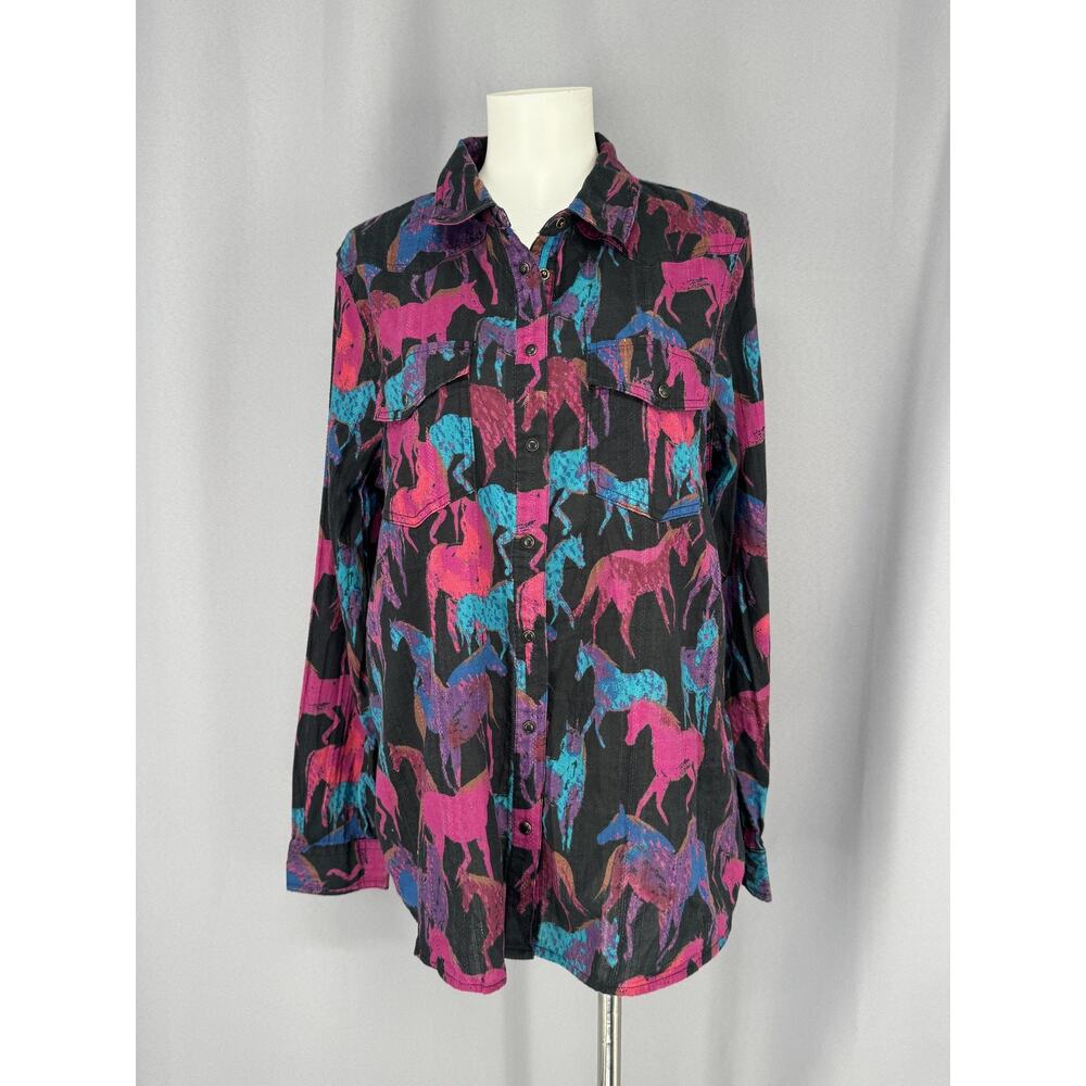 Sundance Shirt Womens Medium Multicolor Horse Print Button Tunic Top Western